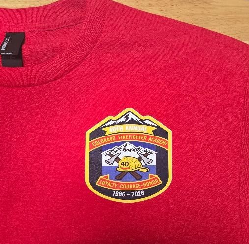 Completed red Colorado Firefighter Academy instructor shirt with a 40th annual front emblem