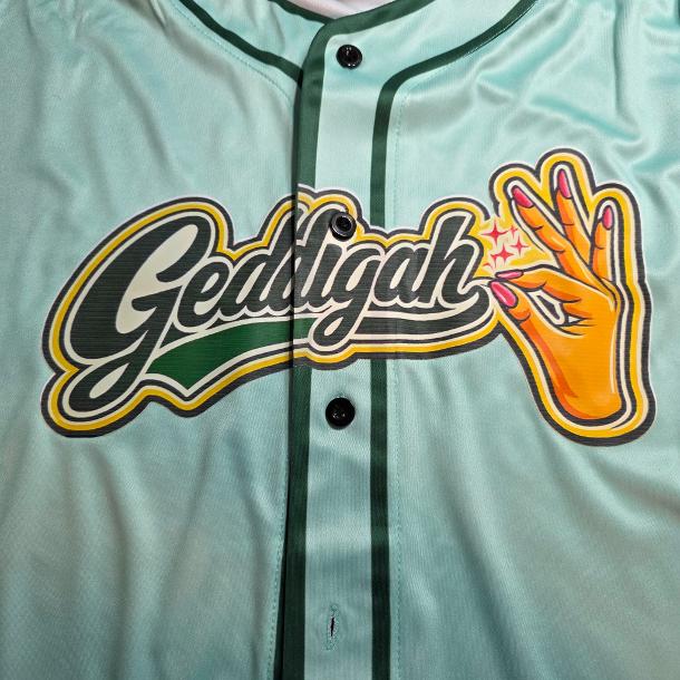Digital garment mockup of a turquoise baseball-style jersey with a custom Geddigah graphic