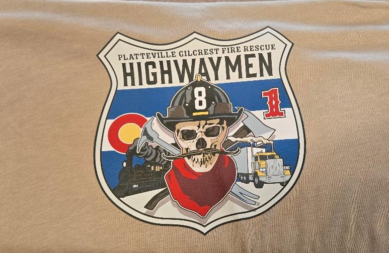 Completed Platteville-Gilcrest Fire Rescue station shirt with a Highwaymen design