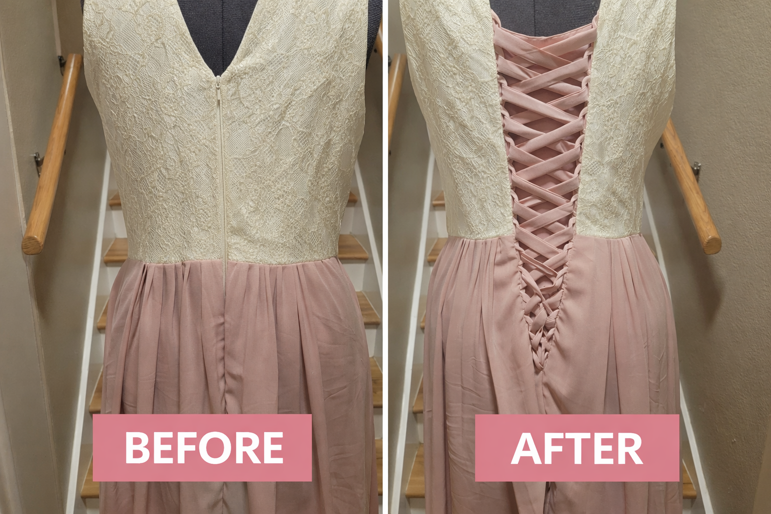 Before and after view of a formal dress alteration with a lace bodice and pink skirt